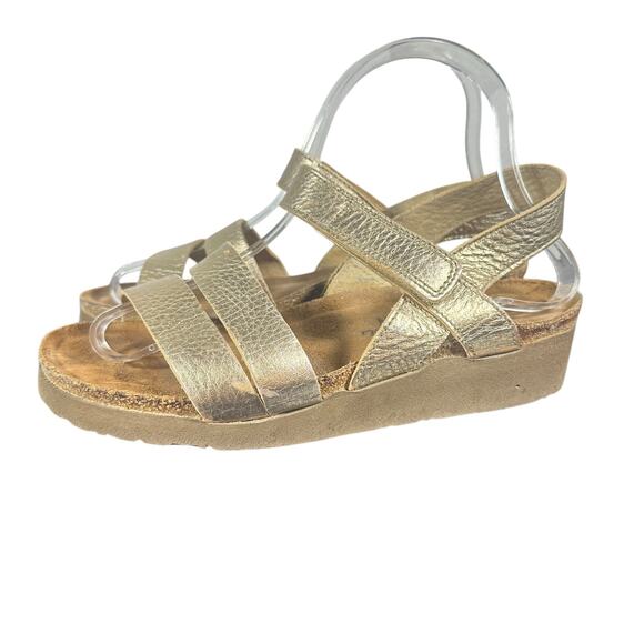 Naot Sandals Sz 37 US 6 Gold Metallic Leather Wedge Comfort Strappy kayla - Picture 2 of 12
